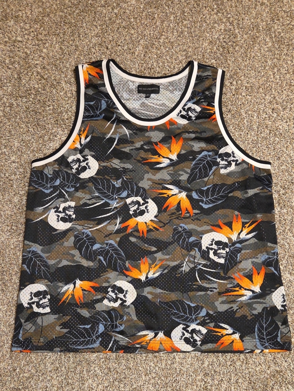 NO BOUNDARIES Men's Black Camo Tank Top with Orange Floral & White Skulls